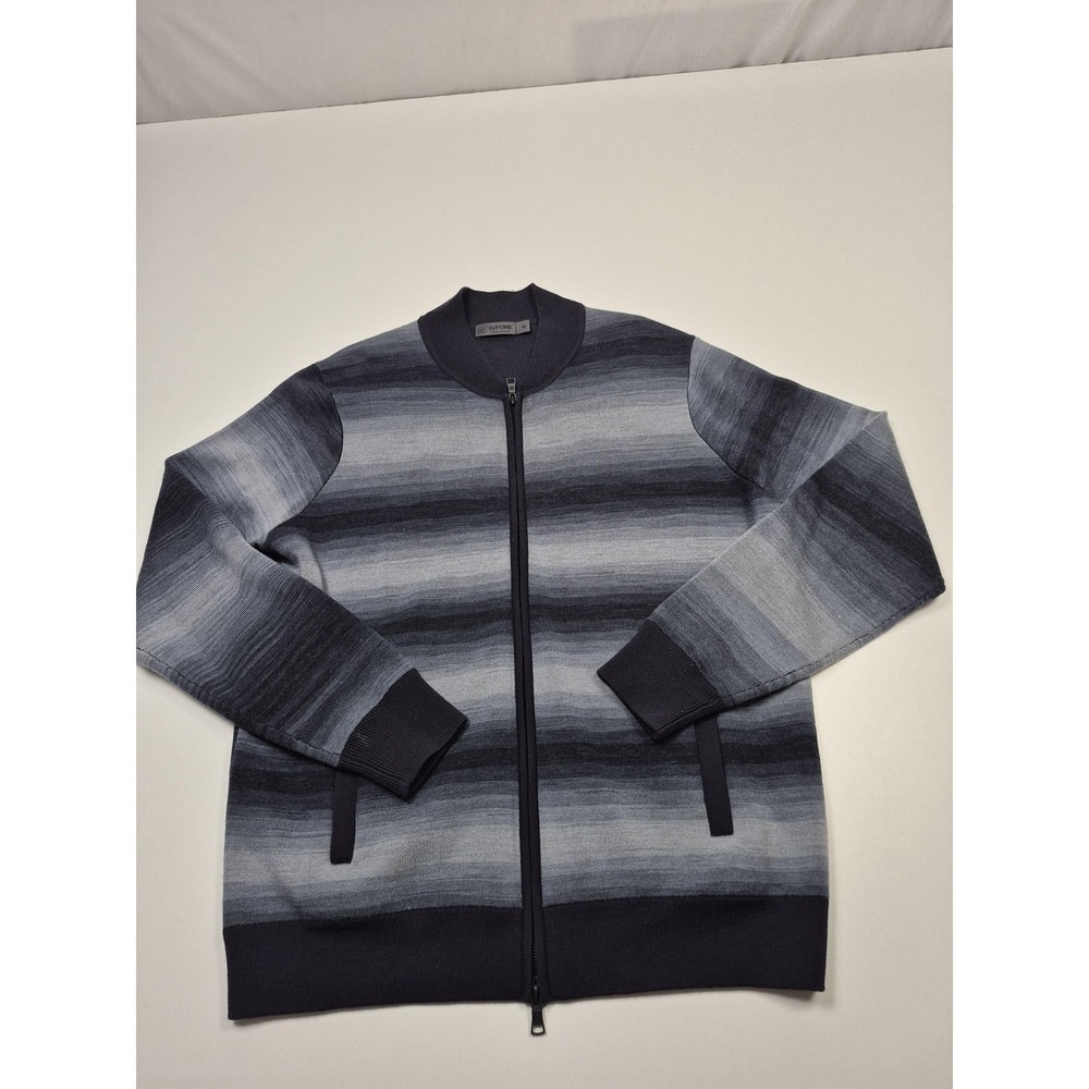 G/FORE Sweater Men's M Gray Wool Full Zip Collared Knit Stripe Golf Jacket FLAW